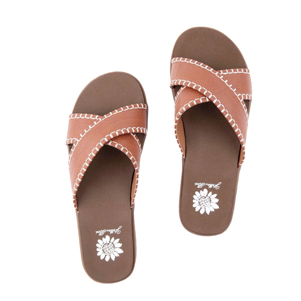 NEW Yellow Box Cognac Sandals with White Stitching Size 8